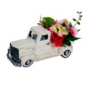 Pick Up Truck White Metal Decor Car with Flowers Arrangement by Ashland® NWT 15”